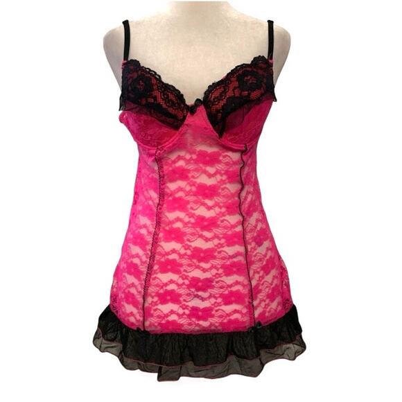Other Other - Y2K Hot Pink Black Lace Padded Mini Slip Dress Medium